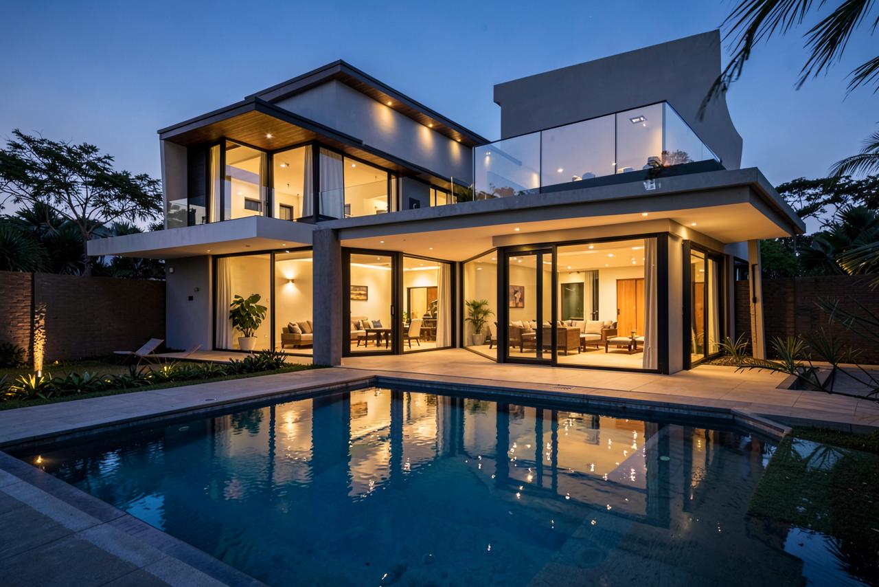 Casa contemporânea com piscina ao anoitecer